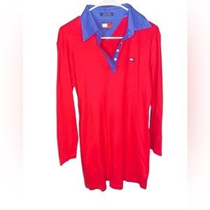 Tommy Hilfiger long sleeve red dress with logo and collar size large preppy